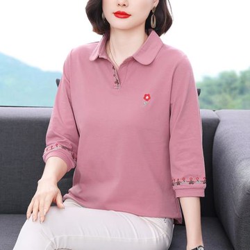 純棉中袖T恤女有領2023新款媽媽裝春夏寬松中年女士七分袖上衣服