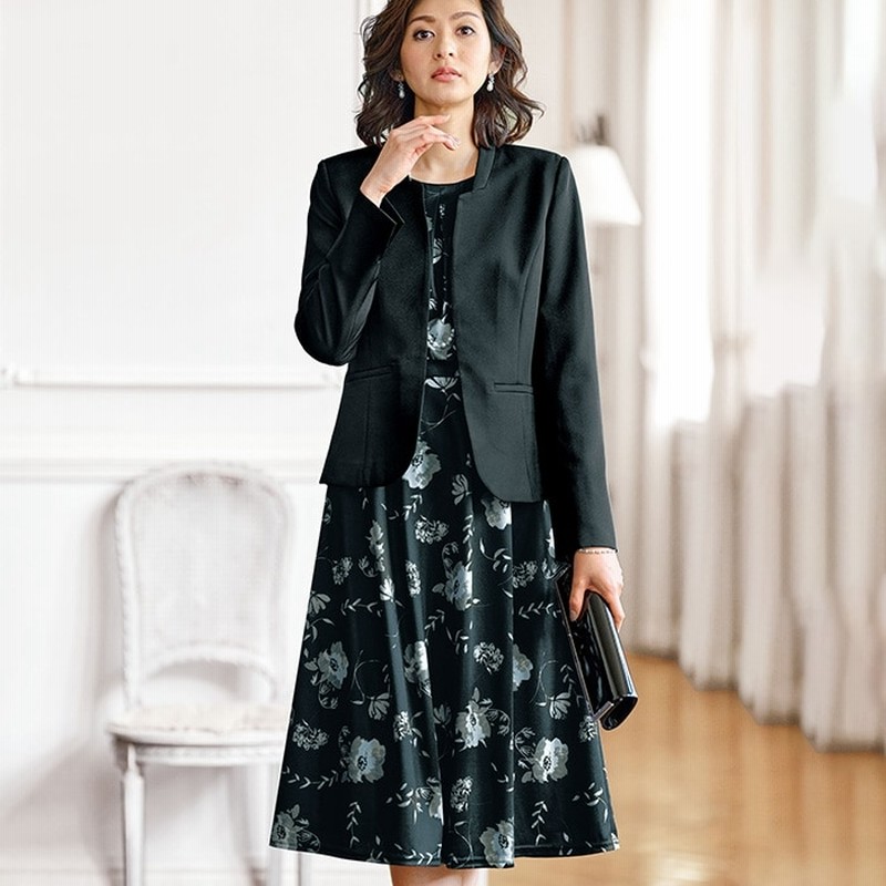 ベルーナ 洗える ストレッチ素材花柄プリントワンピースアンサンブル 黒 9ar レディース 通販 Lineポイント最大2 0 Get Lineショッピング