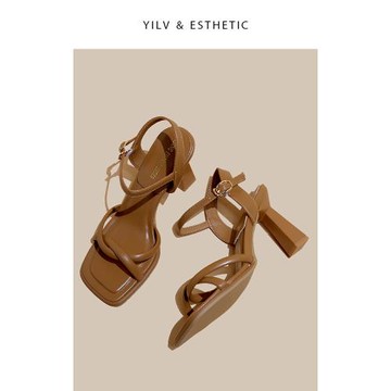 百搭涼鞋女粗跟交叉一字帶簡約2024夏季新款方頭露趾高跟羅馬涼鞋