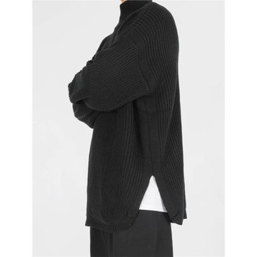 秋冬季暗黑系中領毛衣男款痞帥寬松側開叉半高領針織衫設計感保暖