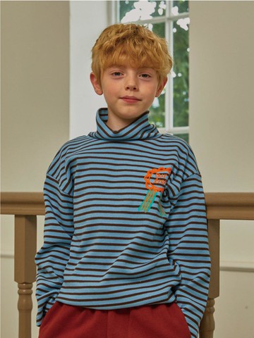 Striped Cotton Loose Fit Turtleneck T-shirt [Blue]
