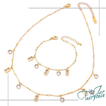 iSFairytale伊飾童話 竹節鋯石 幾何圓鑽鈦鋼手鍊項鍊組