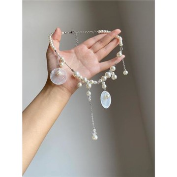 法式復古天然圓片貝殼珍珠流蘇項鏈女超仙氣質海邊度假鎖骨鏈配飾
