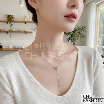 【CHU】韓國直輸 銀蝶垂墜小鑽項鍊 韓系精緻閃耀款