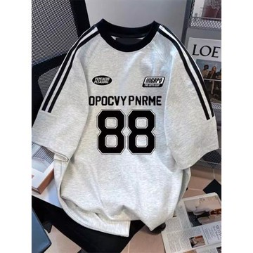 美式高街三條杠印花短袖T恤男女夏季重磅純棉運動球服半袖上衣潮