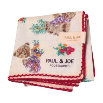 PAUL & JOE 米白底紫紅邊小熊印花圖騰品牌字母LOGO帕巾(21CM)