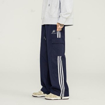 美式街頭重磅褲子男春秋潮牌復古條紋休閑長褲高街直筒寬松工裝褲