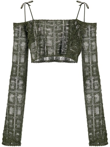 Gcds - off-shoulder macramé crop top - women - Viscose/Polyester/Metallic Fibre - XL - Green