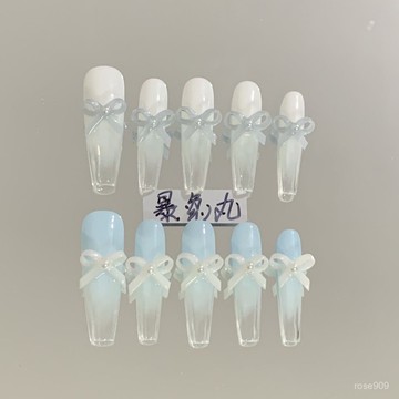 ✨Hannah✨指尖芭蕾38mm細狗T蝴蝶結nail藍白色漸變色穿戴甲手工製作可反複美甲師暴兔丸 RI0J