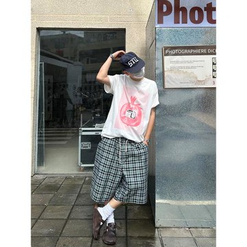 CGGA 美式復古撞色格子抽繩七分褲夏季男女寬松休閑直筒闊腿短褲