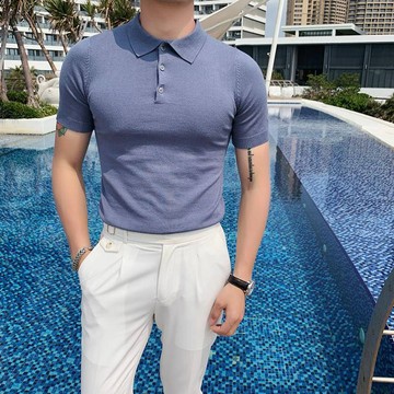 【型男紳裝】時尚夏日 多色 針織 翻領 短袖POLO衫  帥氣有型舒適 日常上班出遊通勤約會百搭必備 純色修身翻領打底衫