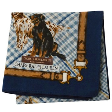 CHAPS RALPH LAUREN 經典格紋品牌可愛狗狗圖騰帕領巾(藍色系/48CM)