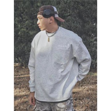 YUANQ基礎款美式重磅花灰圓領長袖復古寬松原創休閑小領口上衣