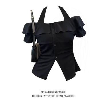 大碼胖mm純欲甜辣妹一字肩掛脖小上衣女夏短袖別致絕美法式小衫潮