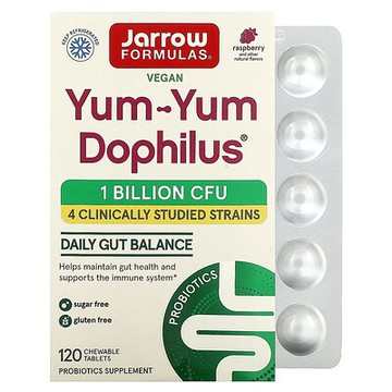 Jarrow Formulas, Yum-Yum Dophilus 無糖咀嚼片，天然樹莓味，120 片咀嚼片