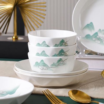 青山綠水陶瓷碗盤套裝磚石碗家用吃飯碗家用陶瓷餐具套裝