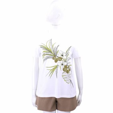 Max Mara-STUDIO 水鑽綠花草印花 白色短袖TEE T恤