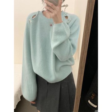 溫柔風軟糯藍色浣熊絨套頭毛衣女秋冬奶fufu慵懶外穿鏤空針織上衣