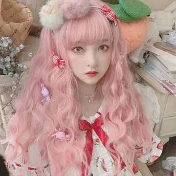 原宿軟妹lolita假發女長發甜美可愛空氣劉海長卷發型街拍彩色假毛