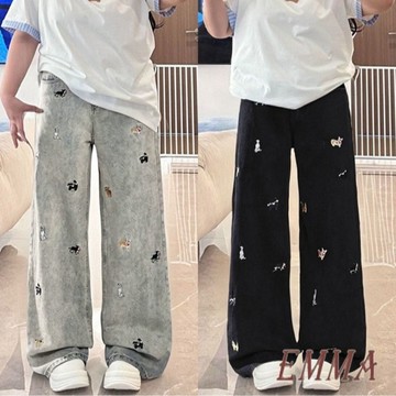 特大尺碼胖mm美式重工刺繡直筒牛仔褲女 新款遮肉顯瘦寬褲 闊腿褲 落地褲 寬鬆牛仔褲 梨形身材 休閒長褲 牛仔寬褲 褲子