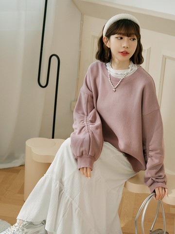 保暖內刷毛袖橡筋抽皺落肩寬版上衣