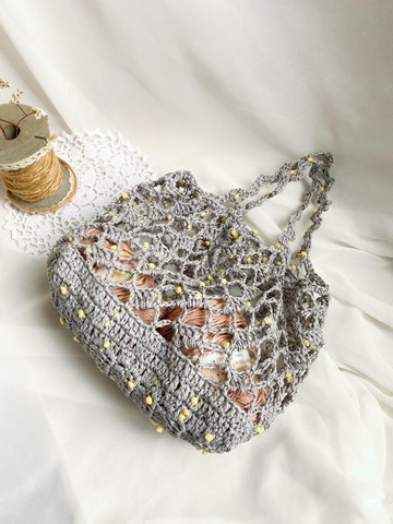 【好日手作】Handmade日本pompom紙線編織灰黃方底鏤空手提包