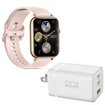 【新組合價】MEGA KING Watch S3智慧手錶 粉橘+65W 氮化鎵三孔快充旅充頭(2C1A) 白
