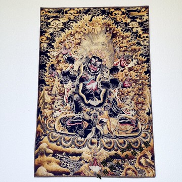 包郵 唐卡金絲刺繡織錦密宗刺繡黑金六臂瑪哈嘎拉 大黑天護法像