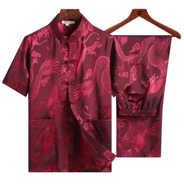 桑蠶絲唐裝男士真絲中老年國風爸爸短袖冰絲夏裝爺爺絲綢套裝長褲