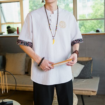 亞麻t恤男短袖夏季薄款中國風男裝漢服寬松青年胖子大碼唐裝半袖
