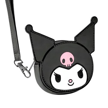 KUROMI 酷洛米 WOONUE 皮革拉鍊零錢包含掛繩 正版授權 50g  酷洛米 黑色 + 白色 + 粉色  14 x 11.5cm