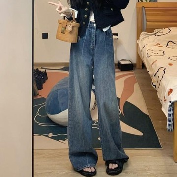 胖胖美依 長褲 牛仔褲 直筒褲 寬褲 中大尺碼 S-5XL新款大尺碼復古闊腿牛仔褲高腰顯瘦直筒拖地長褲子-2942.