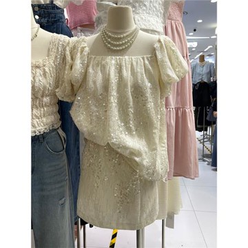 十三行夏季新款法式氣質小個子套裝襯衫上衣亮片半身裙兩件套女裝