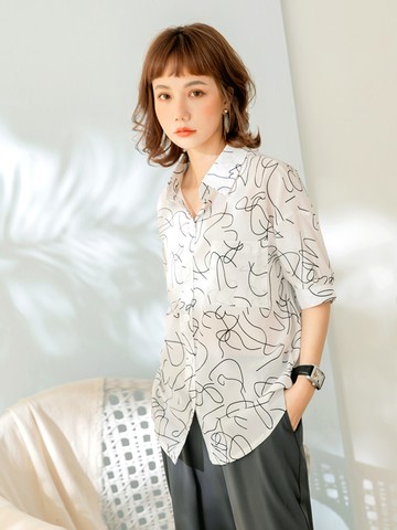 不易皺藝術線條印花短袖襯衫落肩上衣