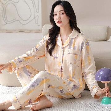 純棉睡衣女 春秋長袖家居服 開衫家居服 甜美寬鬆睡衣 休閒可外穿家居服 翻領秋冬兩件套 睡衣女