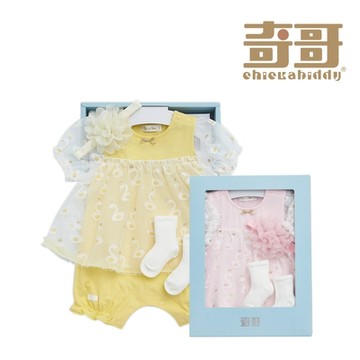奇哥官方旗艦 Chic a Bon 小天鵝短袖兔裝/連身衣3件組禮盒 3-6個月 (連身衣+髮帶+襪子)
