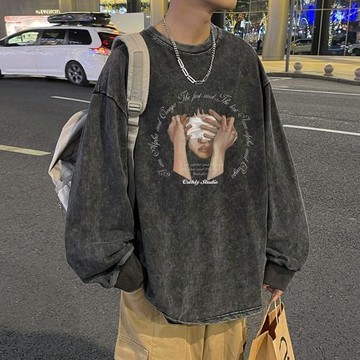 美式復古重磅長袖T恤男款春秋季水洗做舊內搭潮牌寬松大碼打底衫