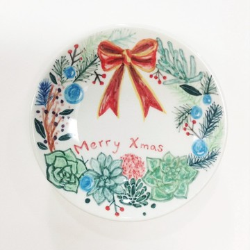 大紅蝴蝶結與多肉-【可客製姓名】手繪聖誕小碟