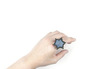 SUE BI DO WA - 手工製作皮革併合手織星星戒指(藍色)-Leather mix with yarn Star Ring