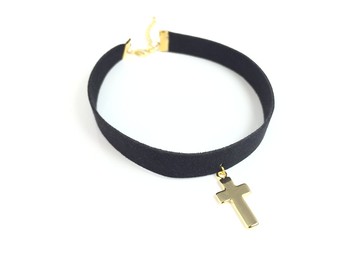 黑色麂皮頸鍊-金色十字