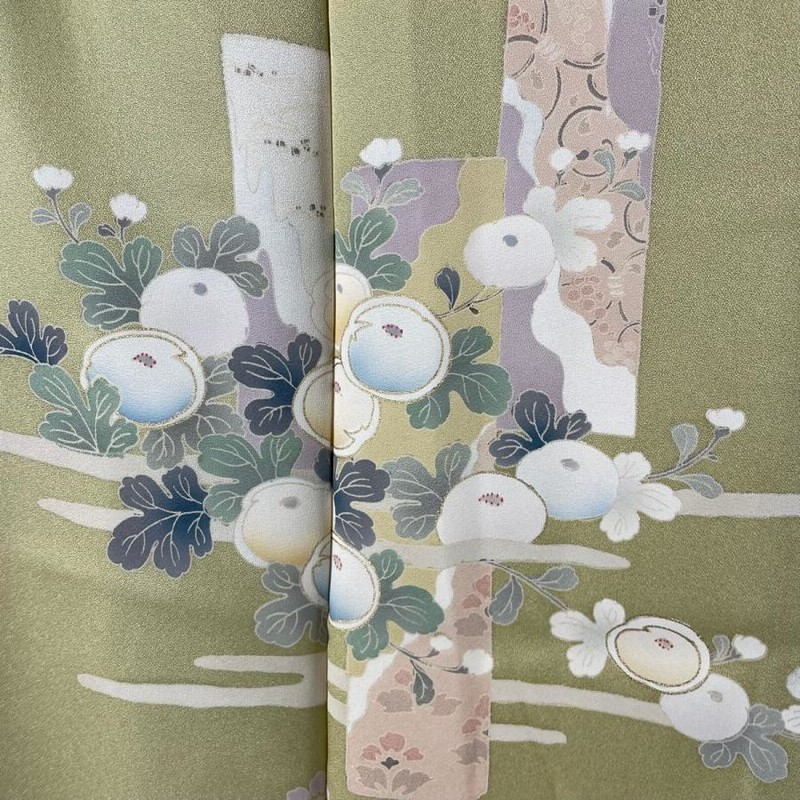 付下げ 美品 秀品 短冊 万寿菊 金彩 抹茶色 袷 154cm 60.5cm S 正絹 