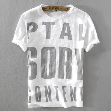 [米蘭精品] 亞麻T恤棉麻短袖上衣-字母印花圓領棉麻男裝父親節禮物73xf6