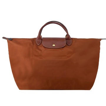 LONGCHAMP LE PLIAGE系列短把再生尼龍摺疊水餃旅行袋(大/白蘭地酒)