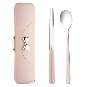 德利生活 蝴蝶結304不鏽鋼餐具 粉色 湯匙筷子套裝  1組