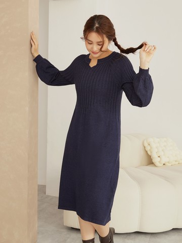 豎條紋V領澎袖收腰洋裝