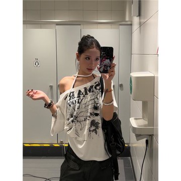 F383 美式復古斜肩蝴蝶結印花短袖T恤夏季慵懶休閑寬松上衣女ins