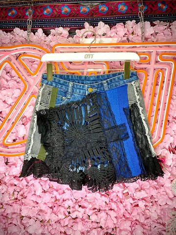 OTT獨一無二•Unique日系雙色牛仔軍布拼接針織喱士牛仔裙短褲