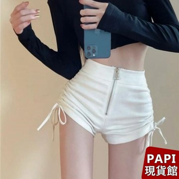 【PAPI】拉鍊抽繩彈力短褲 春夏新款小香風修身顯瘦夜店性感超高腰短褲 三分褲 包臀短褲 白色短褲 熱褲女【1096】