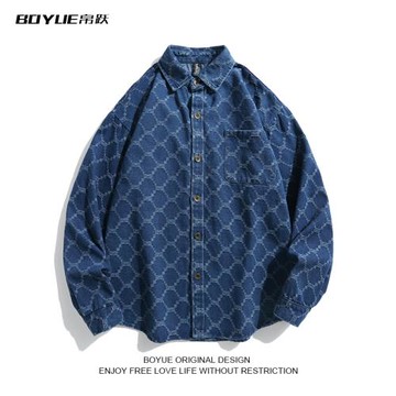 BOYUE帛躍格紋牛仔襯衫日系商務休閑痞帥潮牌男女長袖薄款外套ins