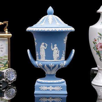 英國製Wedgwood碧玉浮雕1967希臘神話雙耳陶瓷花瓶寶瓶冠軍杯擺飾